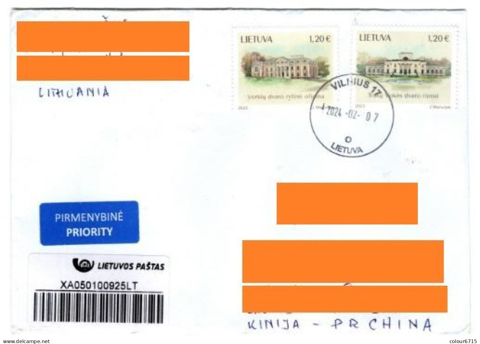 Lithuania Air Registered Mail To China — 2023 Lithuanian Estates, Manor House Stamps 2v MNH - Lituania