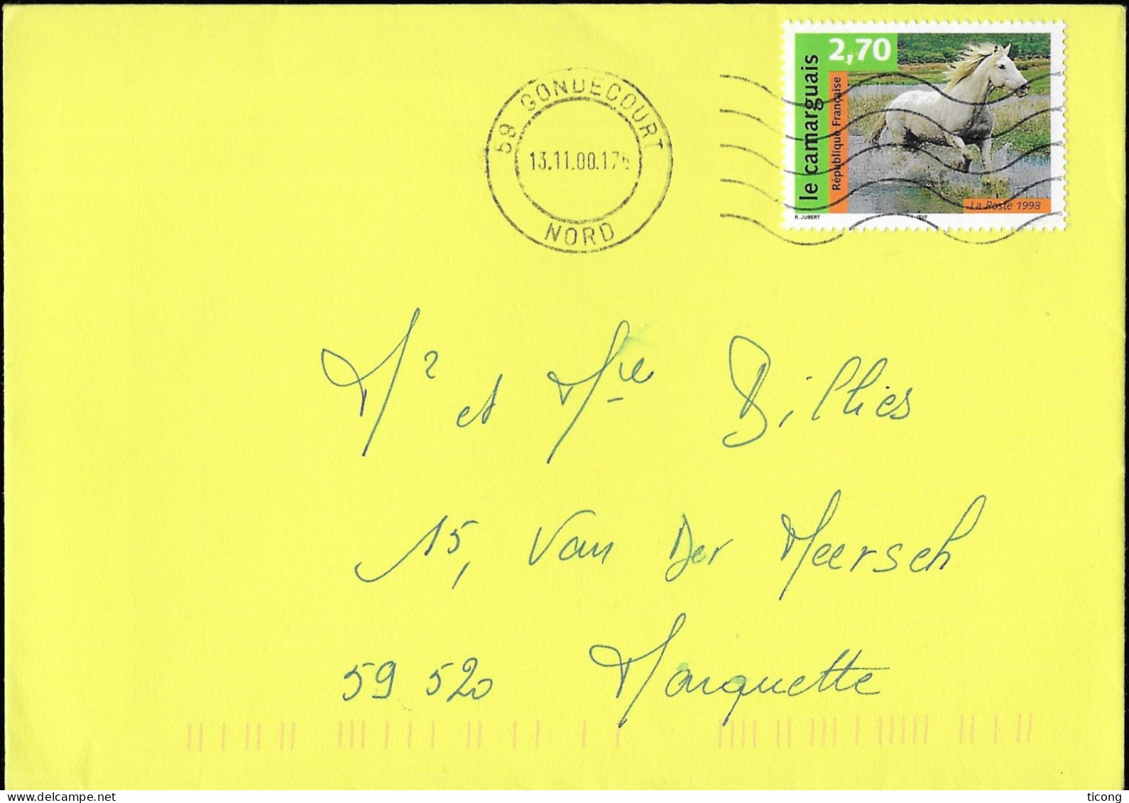 LETTRE FLAMME GONDECOURT NORD FRANCE 2000  - TIMBRE LE CHEVAL CAMARGUAIS, VOIR LES SCANNERS - Storia Postale