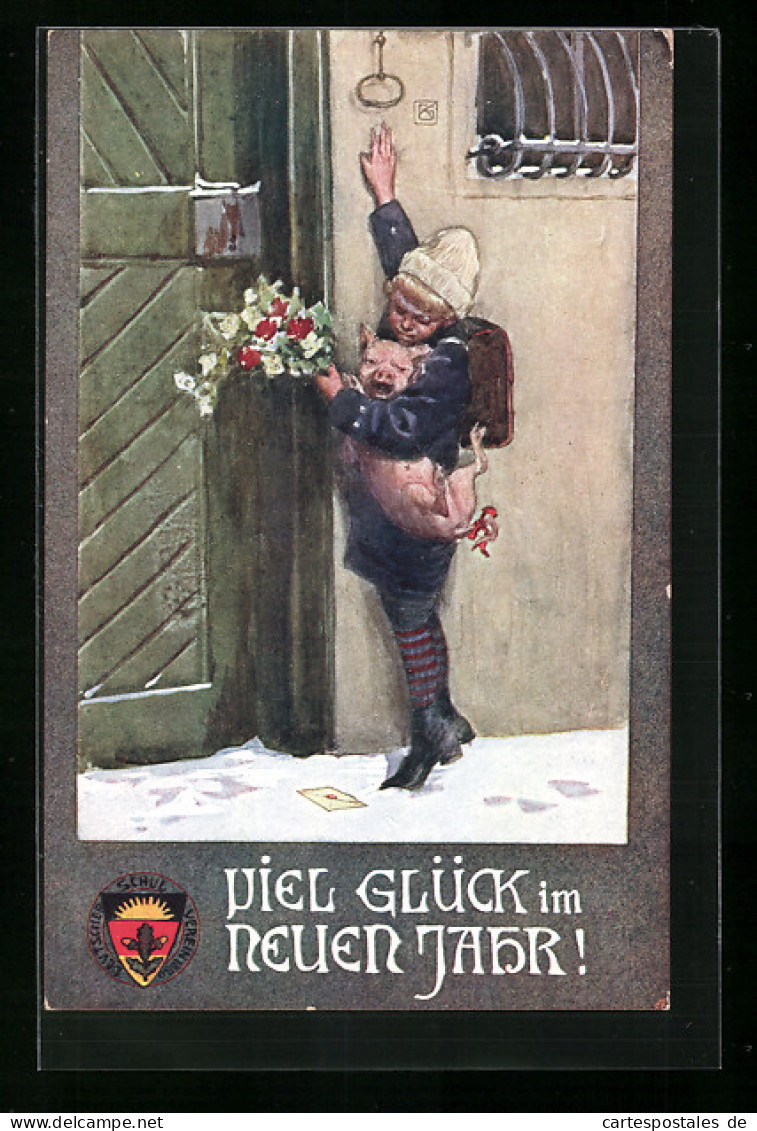 AK Deutscher Schulverein Nr. 24: Kind Mit Glücksschwein Klingelt An Einer Tür  - Guerre 1914-18