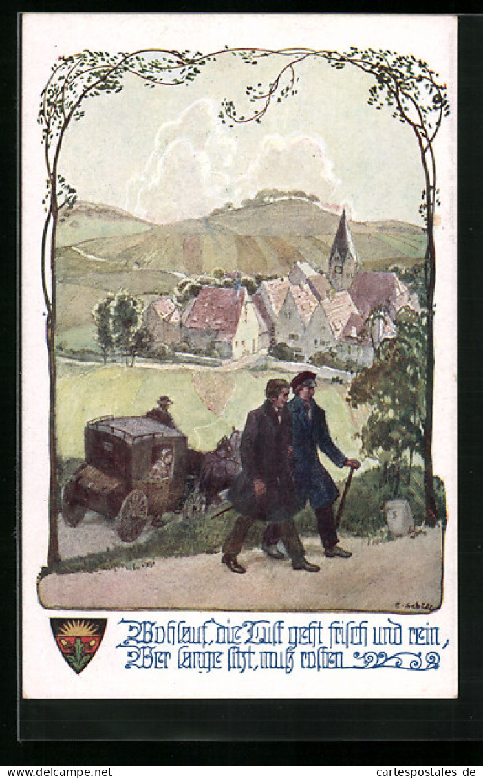 AK Deutscher Schulverein Nr. 916: Zwei Wanderer Verlassen Das Tal Während Eine Kutsche Vorbeifährt  - Guerra 1914-18