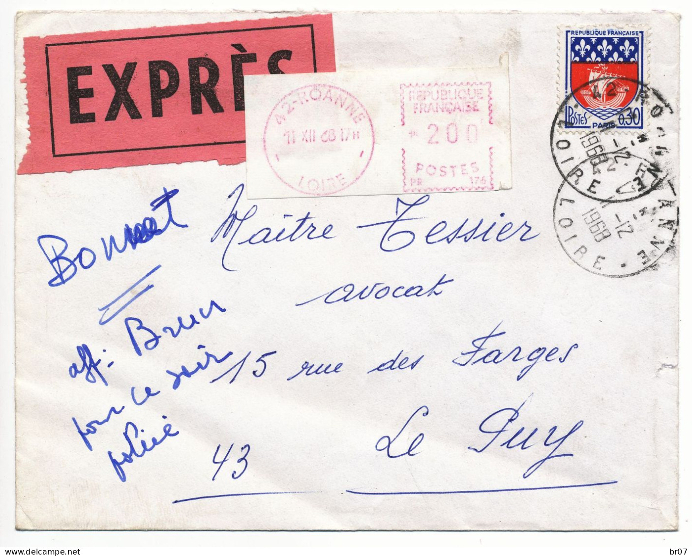 LOIRE ENV 1968 ROANNE TARIF EXPRES 30C BLASON + MECA 2,00F SCANS RECTO ET VERSO - 1961-....