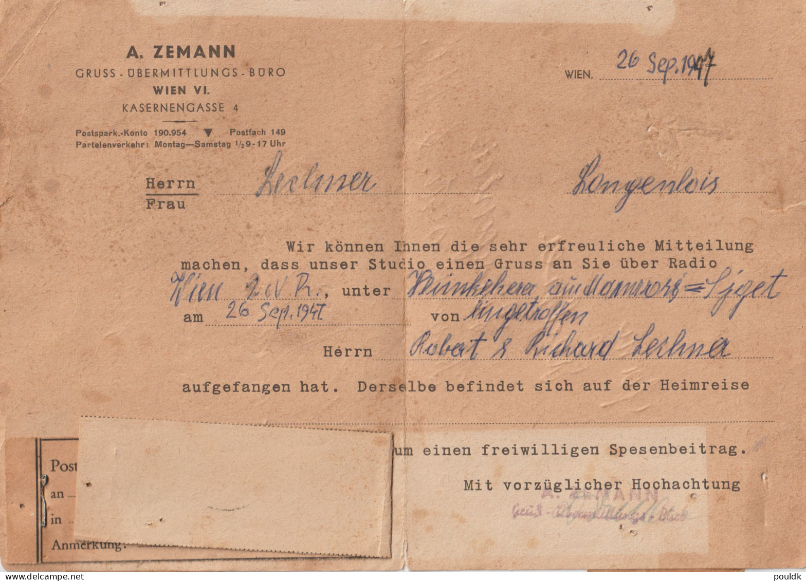 Radio Wien Greeting To Returning Prisoner Of War From 26.9.1947. Postal Weight Approx 90 Gramms. Please Read - Militares
