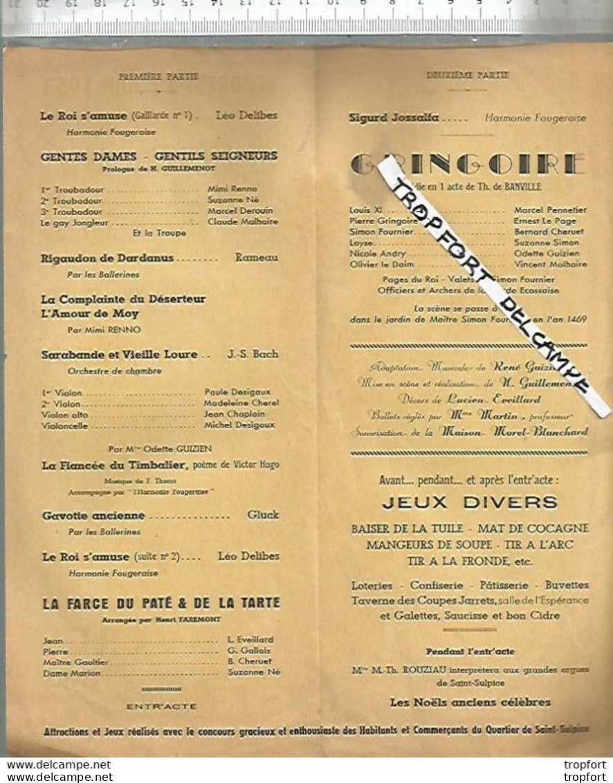 XJ // Vintage // Old French Theater Program // Programme Théâtre FOUGERES 1953 Leo Delibes Jeux Concert - Programma's