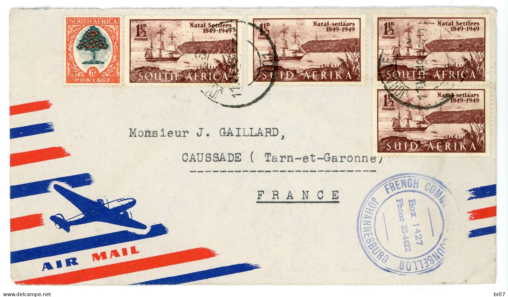 SUID AFRICA ENV 1949 FRENCH COMMERCIAL COUNSELLOR JOHANNESBURG LETTRE AVION - Storia Postale