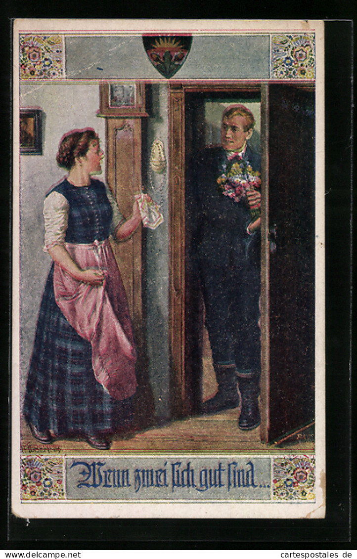 Künstler-AK Franz Kuderna, Deutscher Schulverein Nr. 829: Herr Besucht Seine Liebste Mit Einem Blumenstrauss  - Guerra 1914-18