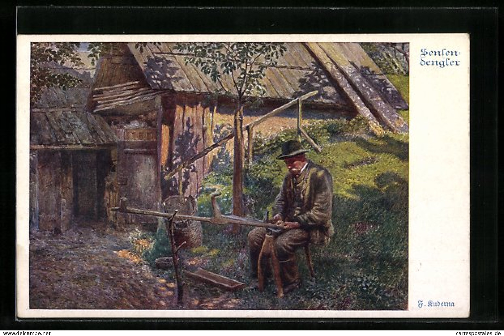 Künstler-AK Franz Kuderna, Deutscher Schulverein Nr. 852: Sensendengler Bei Der Arbeit  - Weltkrieg 1914-18