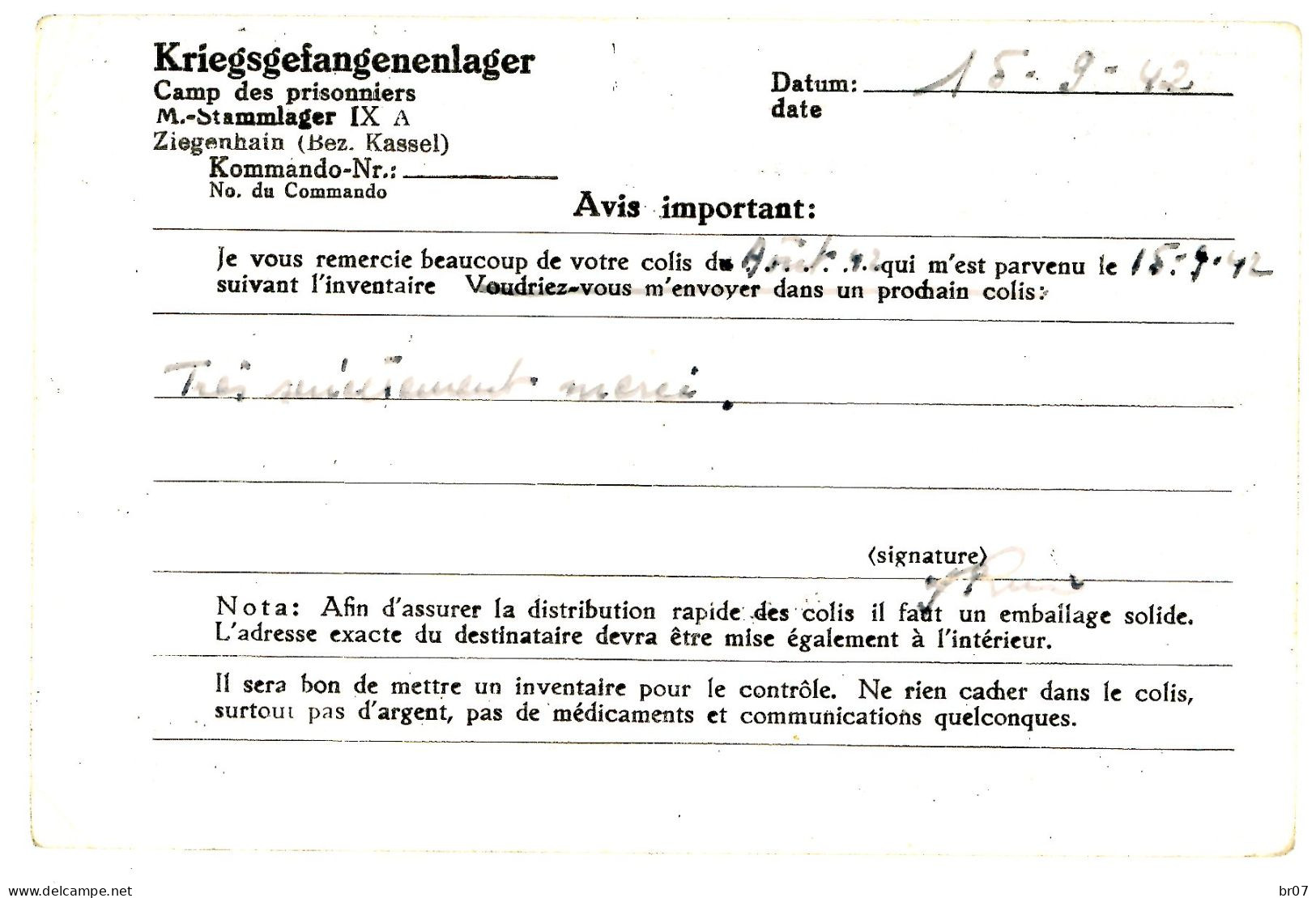 PRISONNIERS DE GUERRE 1942 STALAG IXA =  ZIEGENHAIN CPFM SPECIFIQUE A CE CAMPS ACCUSE RECEPTION COLIS - 2. Weltkrieg 1939-1945