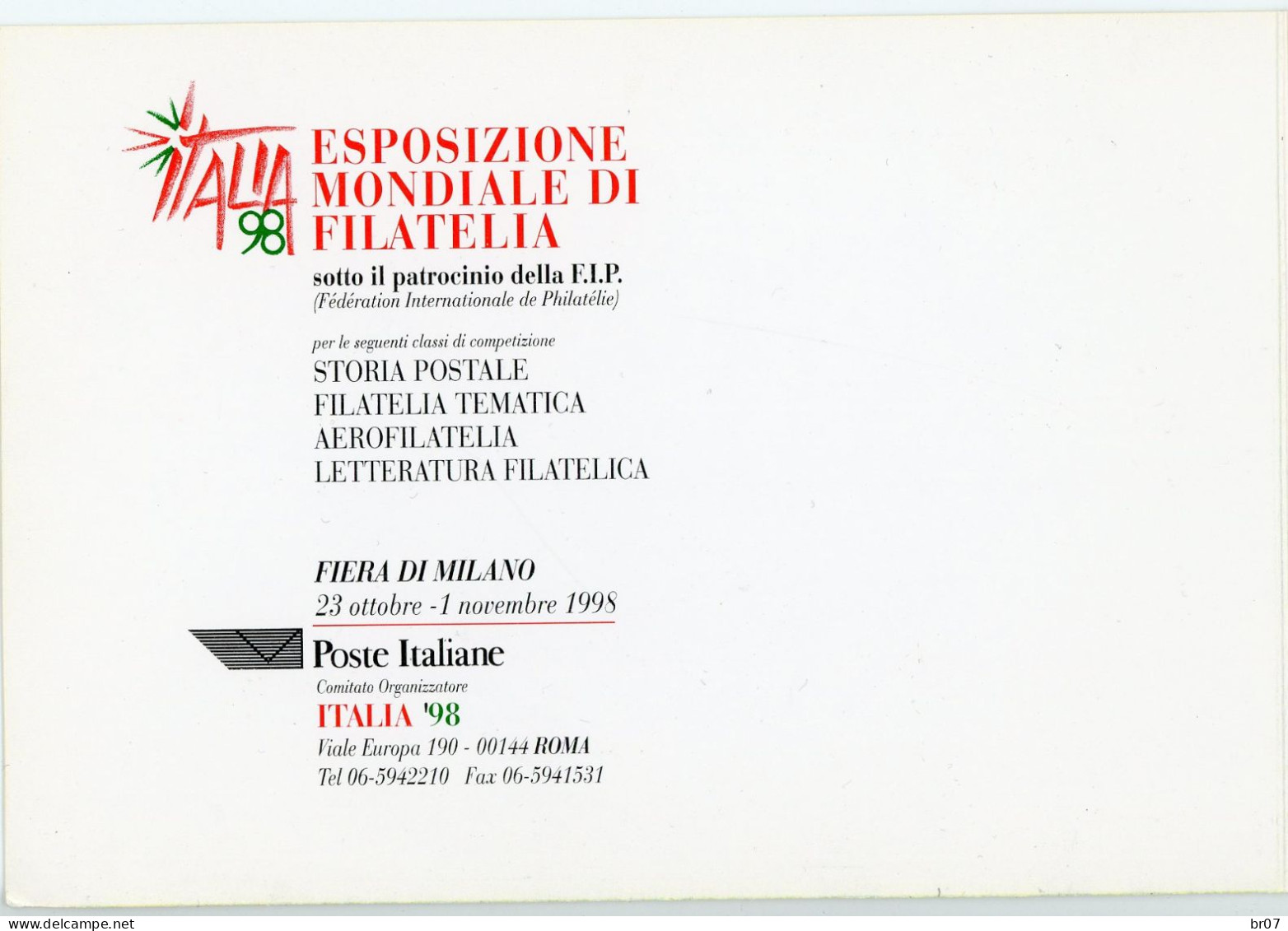 ERINNOPHILIE ITALIE 1998 BLOC 6 X VIGNETTE  DANS CARNET ESPOSIZIONE MONDIALE DI FILATELIA FIERA DI MILANO - 1991-00: Marcophilie