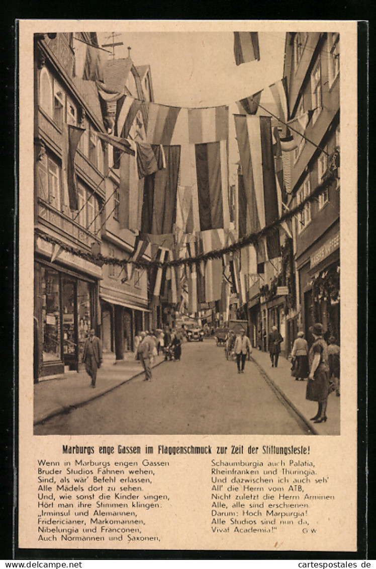 AK Marburg, Barfüsserstrasse Mit Geschäften Im Flaggenschmuck Zur Zeit Der Stiftungsfeste  - Marburg