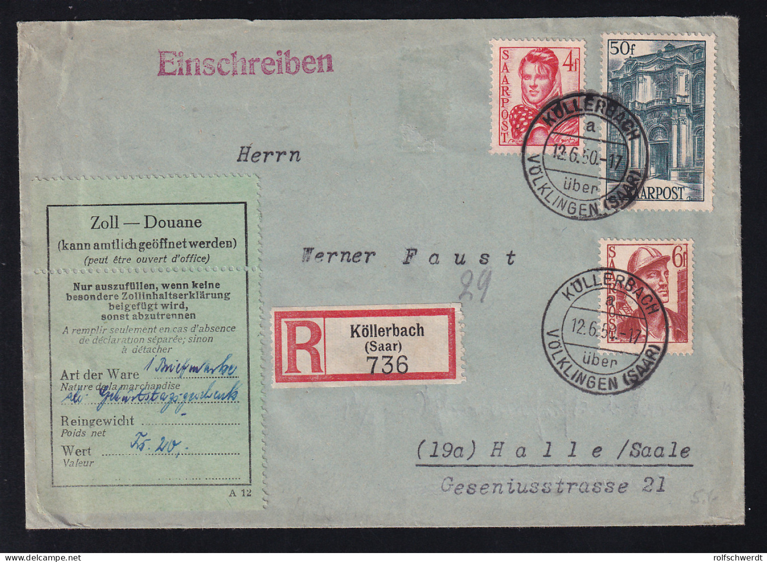 Freimarke 4 Fr., 6 Fr. Und 50Fr,. Auf R-Brief Ab Köllerbach über Völklingen (Saar) 12.6.50  - Autres & Non Classés