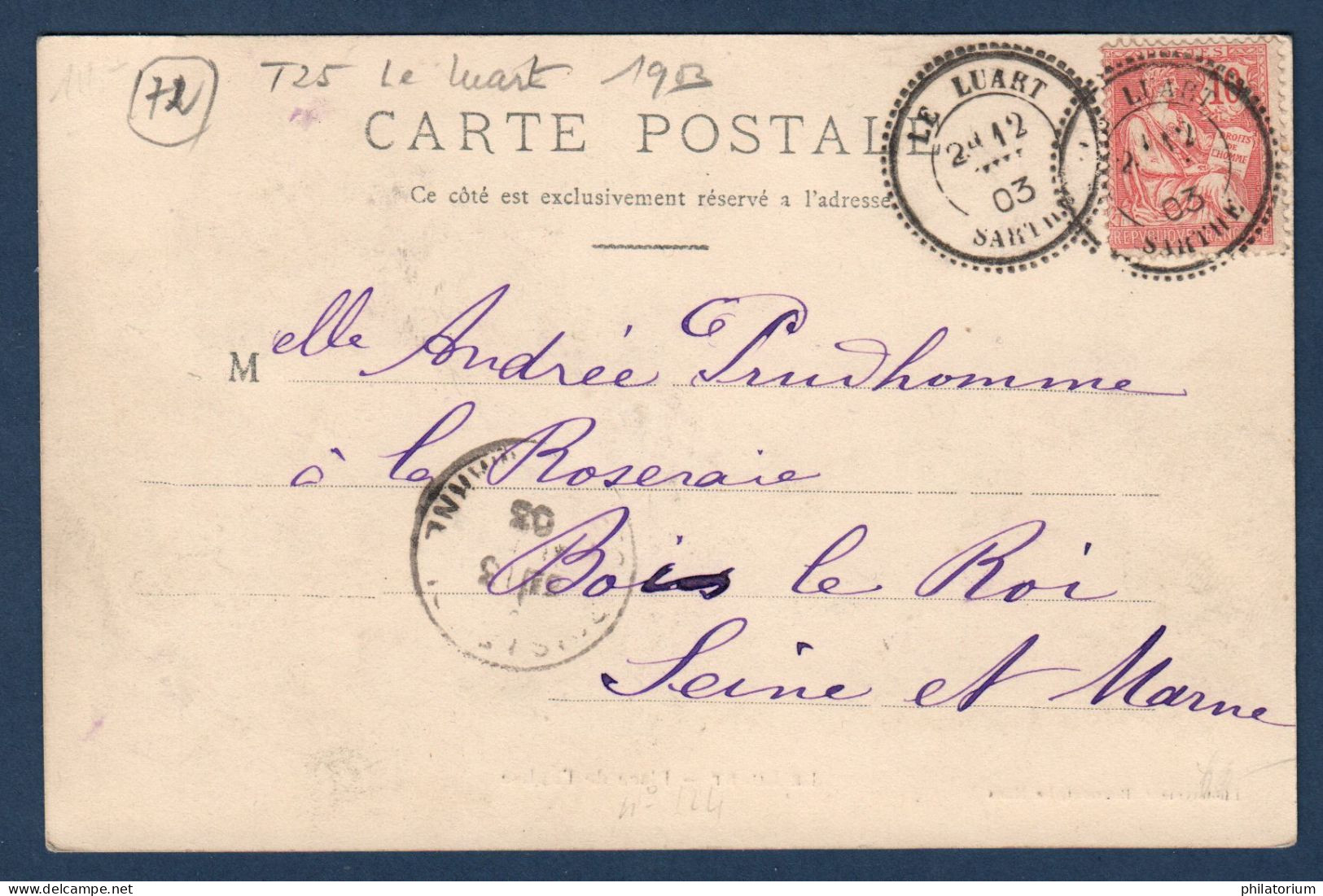 72  LE LUART  D14, C à D Avec Cercle Ext. Perlé Type 25, 12 Juillet 1903, - Handstempels