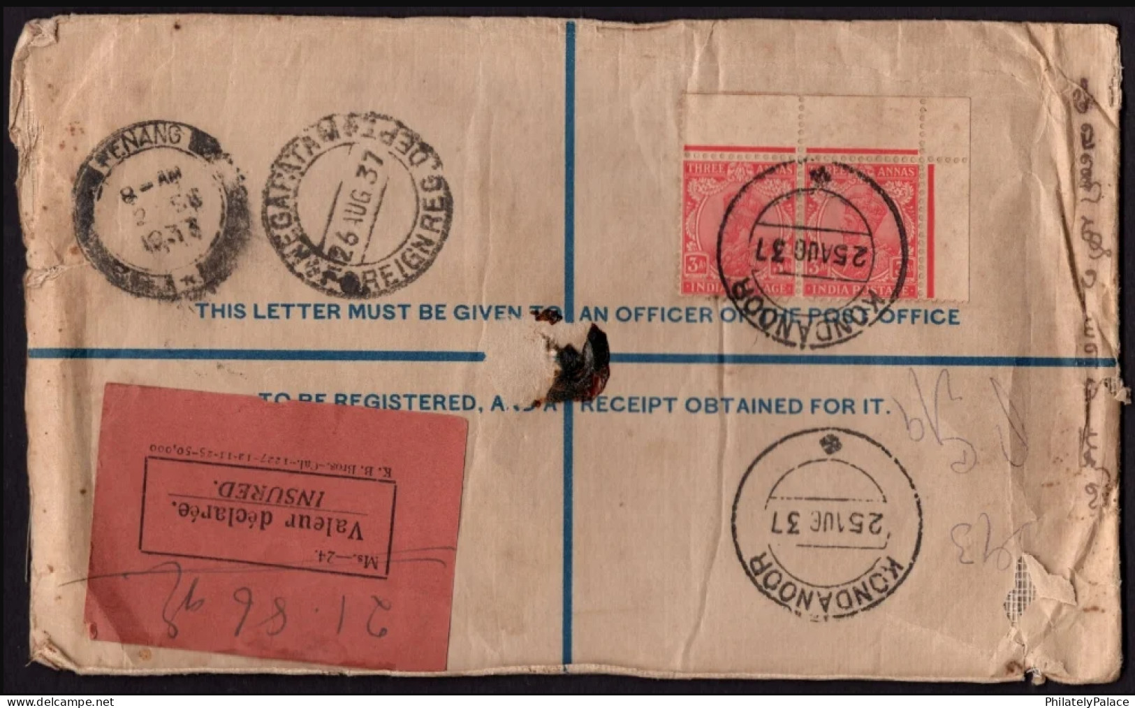 India 1937 KG V Registered Letter From Kondanoor (R183) To Penang,Burma With VP Insured Label (**) Inde Indien - Other & Unclassified