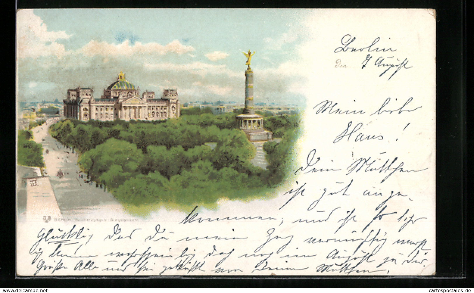 Lithographie Berlin-Tiergarten, Ortsansicht Mit Siegessäule Und Reichstagsgebäude  - Tiergarten