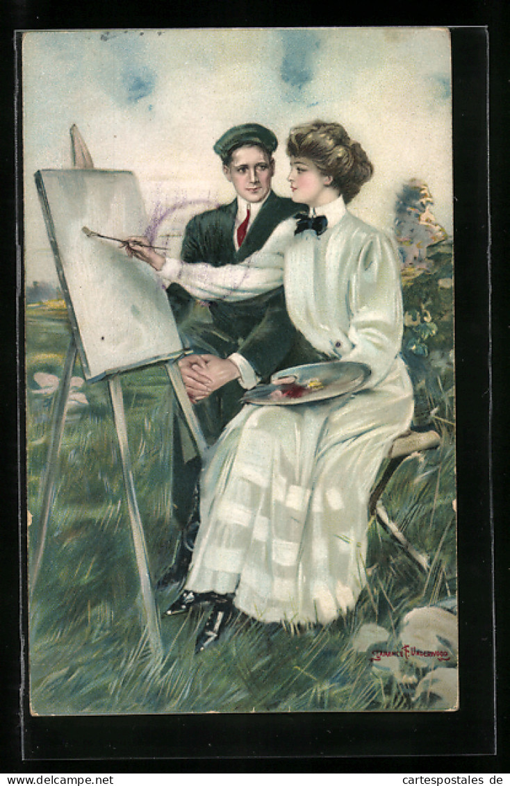 Künstler-AK Clarence F. Underwood: Kunst Und Liebe, Dame Mit Farbpalette Malt Im Freien  - Underwood, Clarence F.