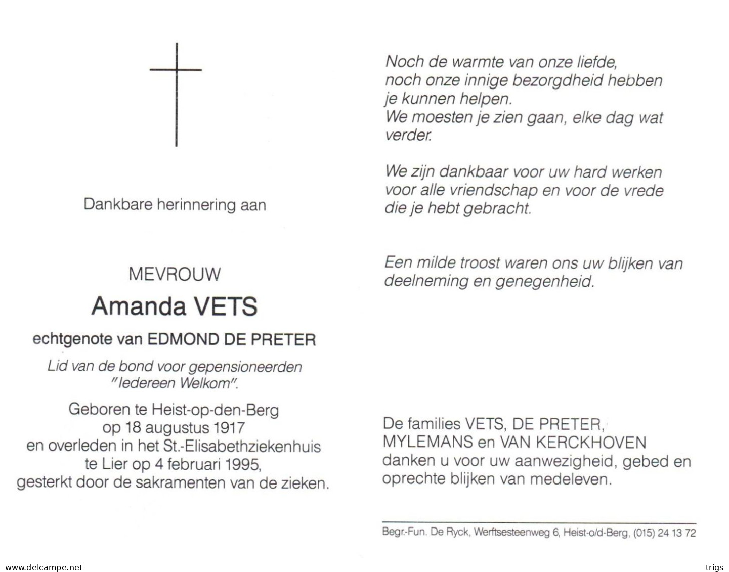 Amanda Vets (1917-1995) - Devotieprenten