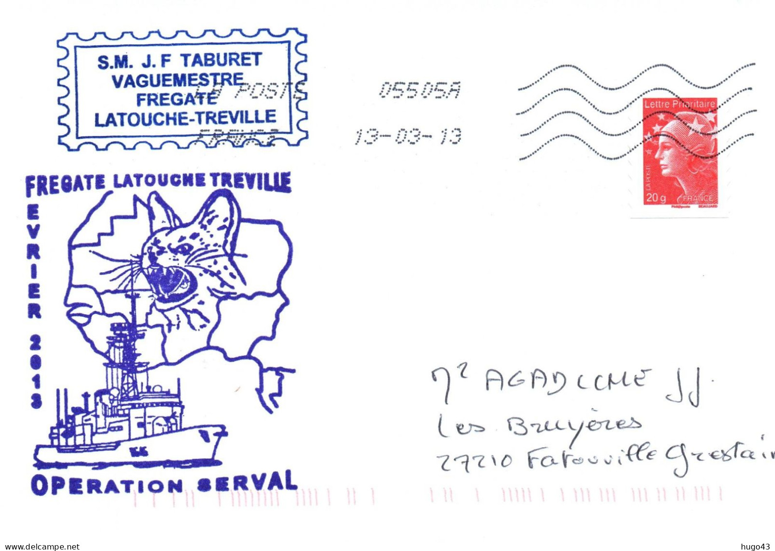 ENVELOPPE AVEC CACHET FREGATE LATOUCHE TREVILLE FEVRIER 2013 - OPERATION SERVAL - LE 13/03/13 - Seepost