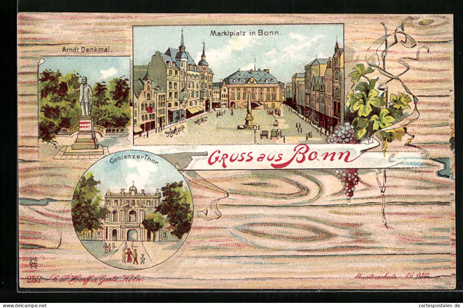Lithographie Bonn, Marktplatz Mit Rathaus, Arndt Denkmal, Coblenzer Tor  - Bonn