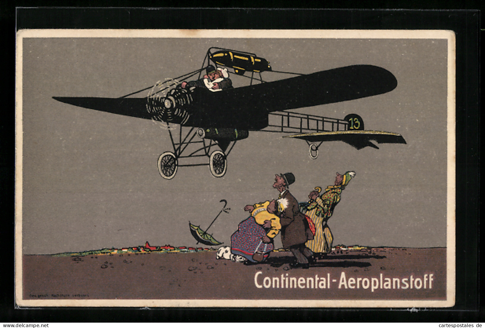 Künstler-AK Reklame Für Continental-Aeroplanstoff, Flugzeug Erschrickt Spazierende  - Publicidad