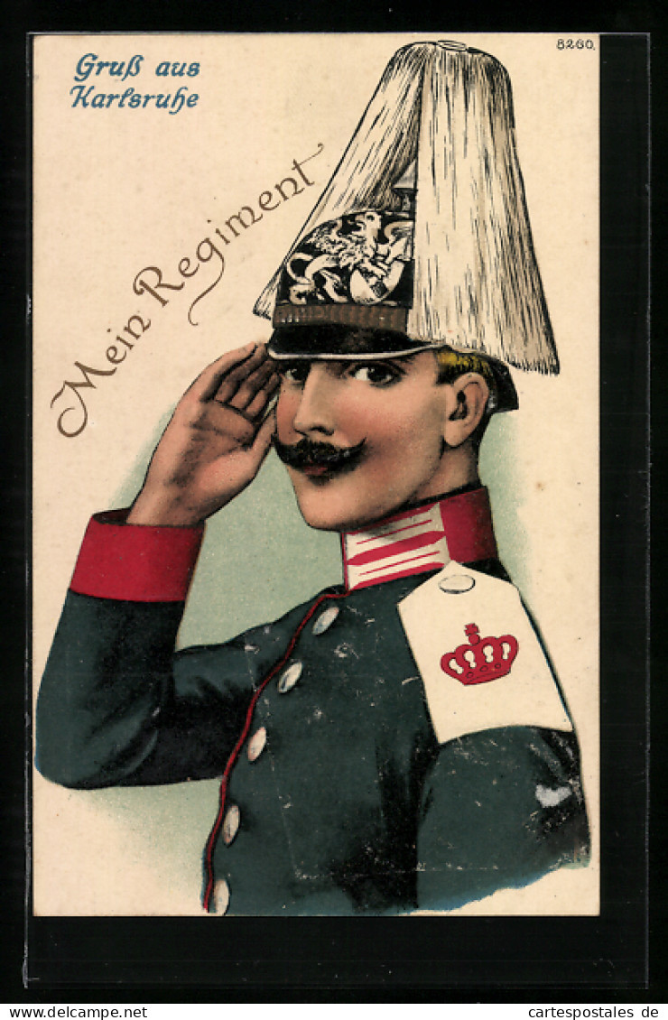 AK Karlsruhe, Mein Regiment, Gardesoldat Mit Pickelhaube Und Schulterklappe, Blaue Uniform  - Regiments