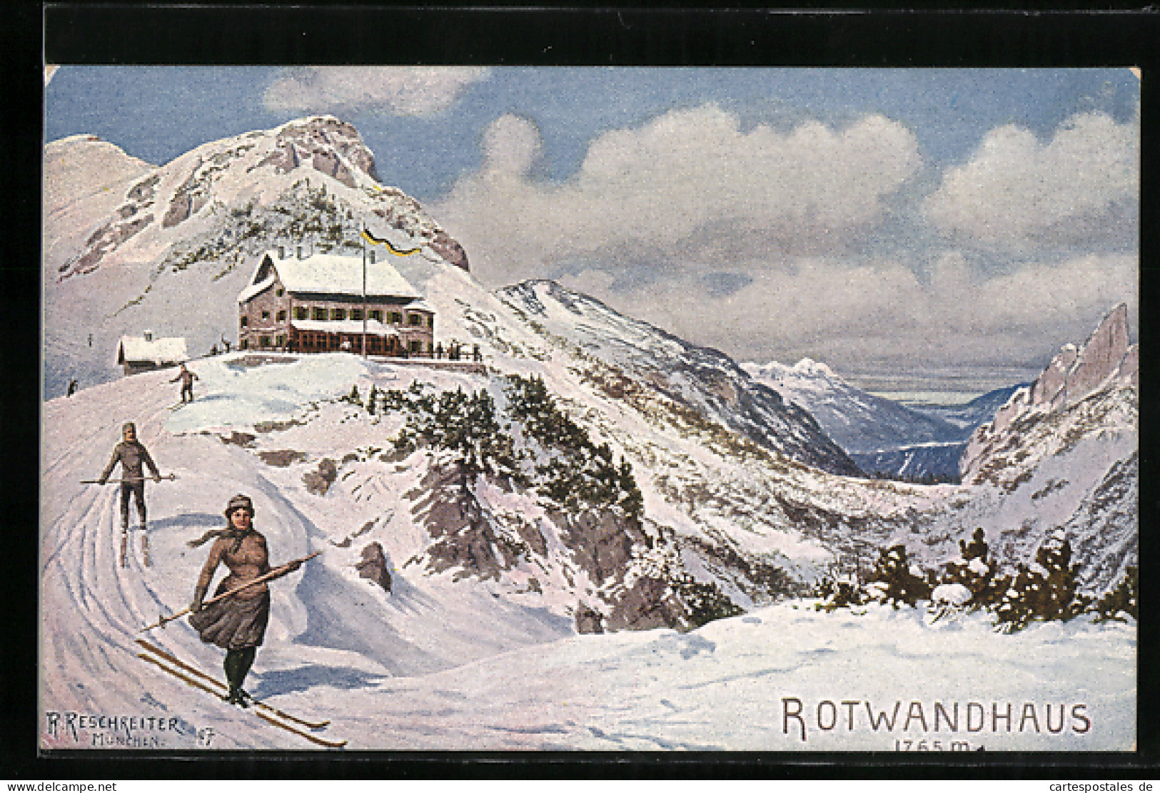 Künstler-AK Rudolf Reschreiter: Neuhaus B. Schliersee, Rotwandhaus Mit Skifahrern  - Autres & Non Classés