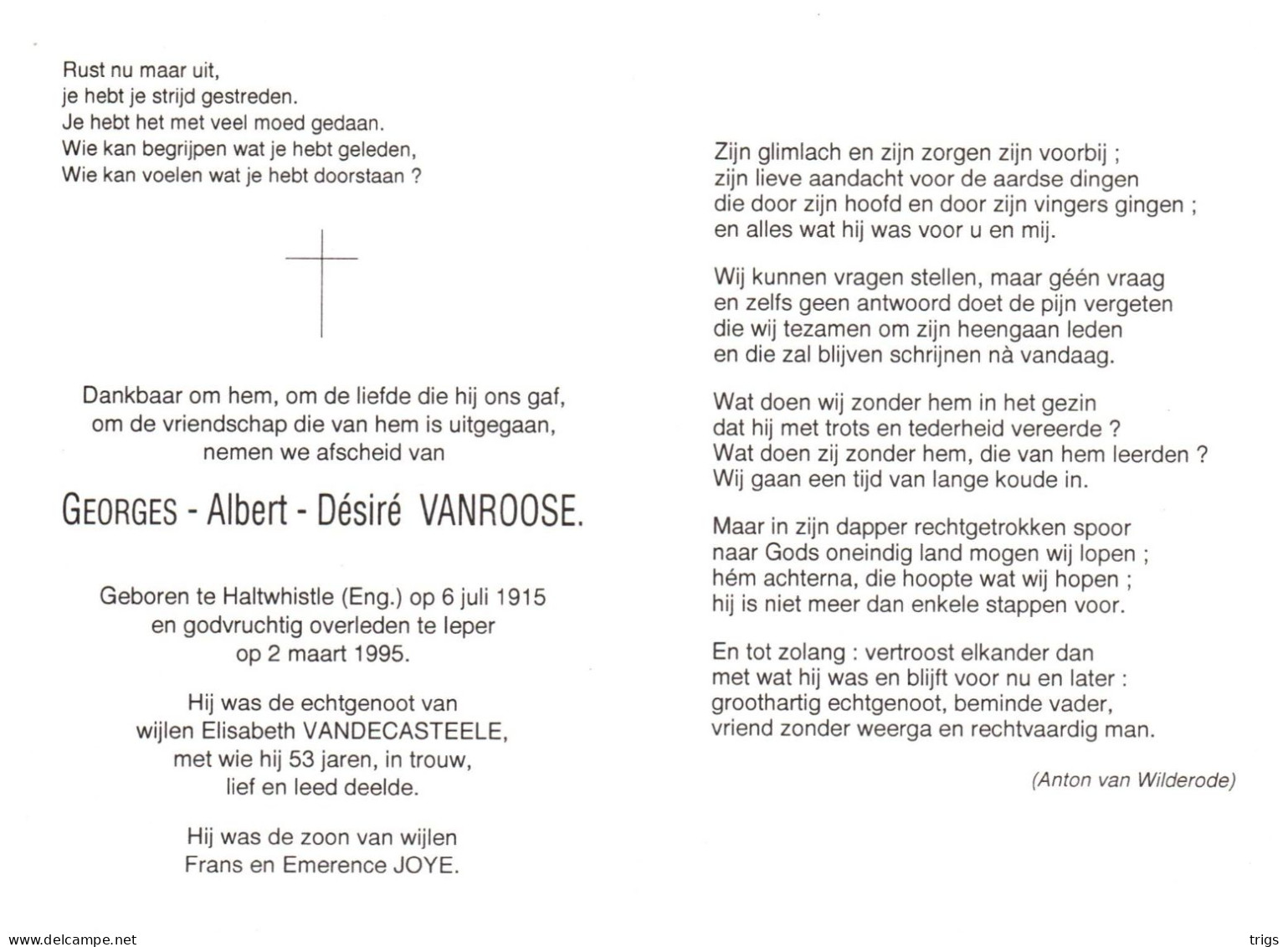 Georges Albert Désiré Vanroose (1915-1995) - Devotieprenten