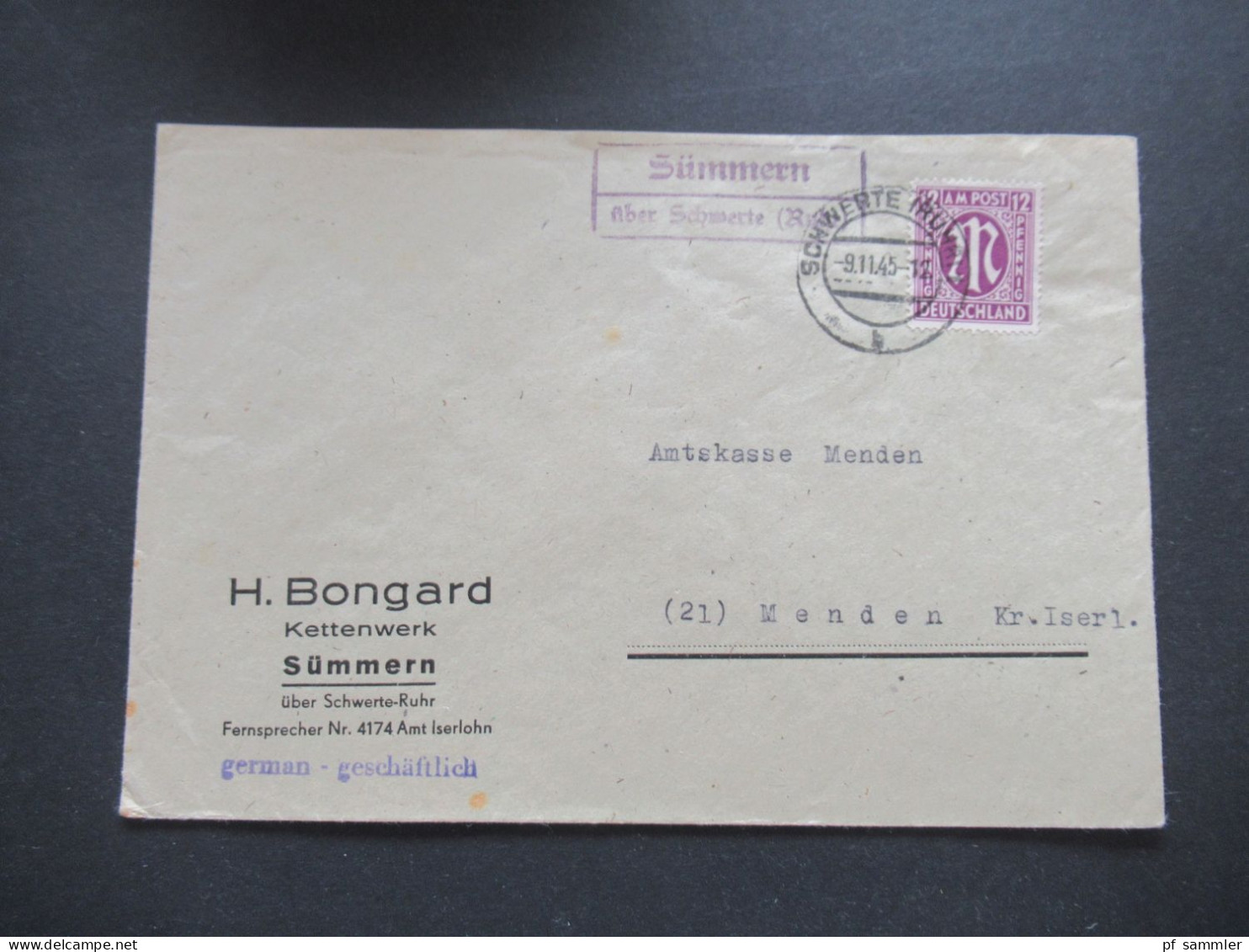 9.11.1945 Bizone Am Post Nr.15 EF Tagesstempel Schwerte (Ruhr) Und Landpoststempel Sümmern über Schwerte (Ruhr) - Cartas & Documentos