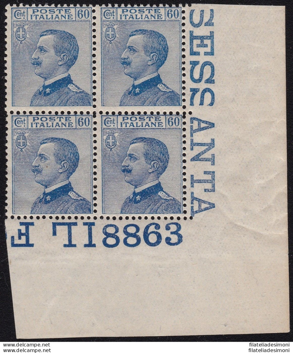 1923 Italia - Regno,   Michetti 60 Cent, N° 157  MNH** QUARTINA NUMERO DI TAVOL - Sonstige & Ohne Zuordnung