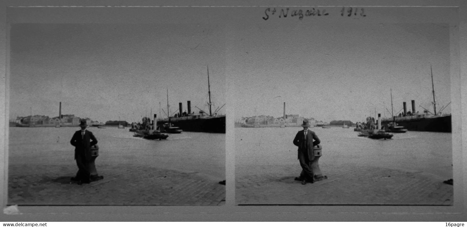 PLAQUE DE VERRE STÉRÉO, PAQUEBOT ET REMORQUEURS DANS LE PORT DE SAINT-NAZAIRE, 1912. LOIRE-ATLANTIQUE - Glasdias