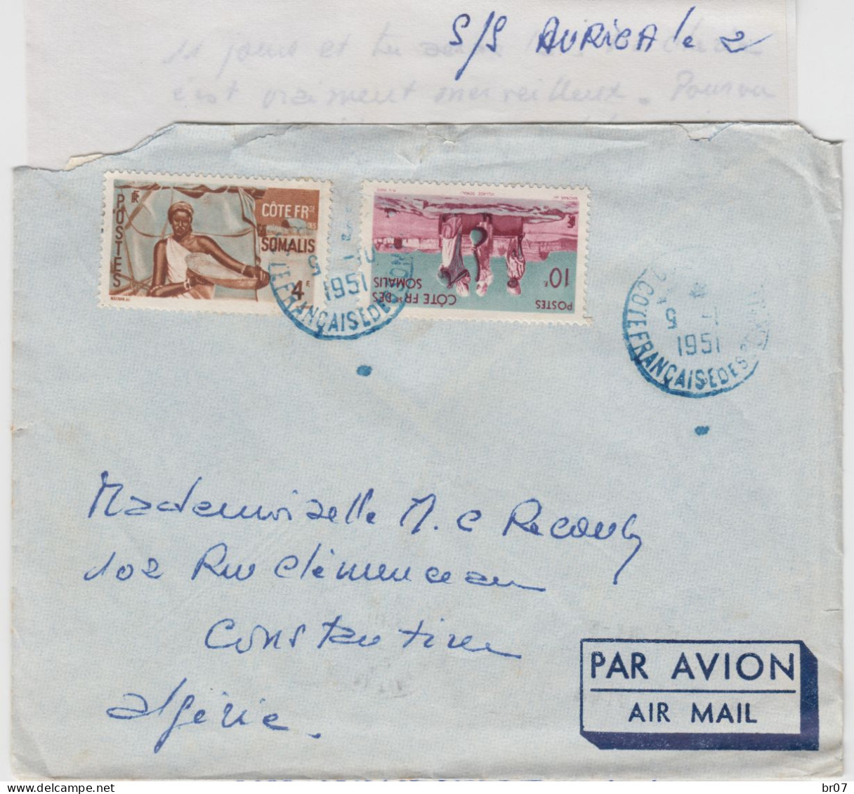 POSTE A BORD AURIGA TRANSATLANTIQUE COTES FRANCAISE DES SOMALIS 1951 ENV DJIBOUTI POSTEE A BORD DU S/S AURIGA TRANSATLAN - Briefe U. Dokumente