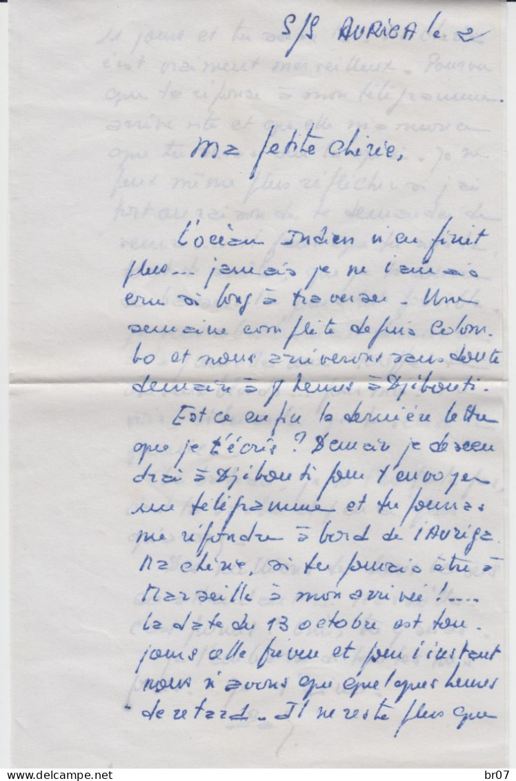 POSTE A BORD AURIGA TRANSATLANTIQUE COTES FRANCAISE DES SOMALIS 1951 ENV DJIBOUTI POSTEE A BORD DU S/S AURIGA TRANSATLAN - Cartas & Documentos