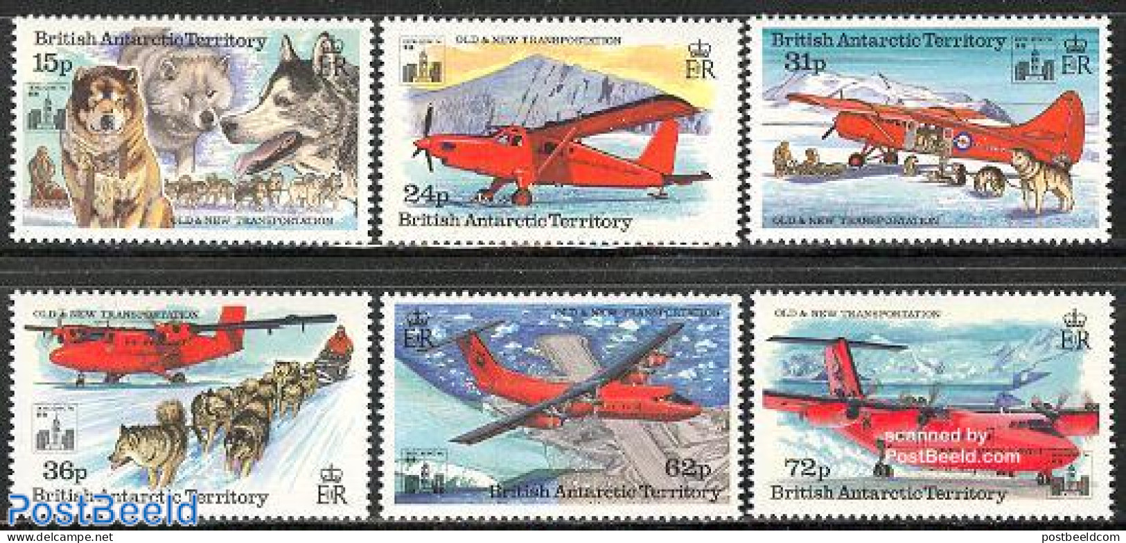 British Antarctica 1994 Hong Kong 6v, Mint NH, Nature - Transport - Dogs - Aircraft & Aviation - Avions