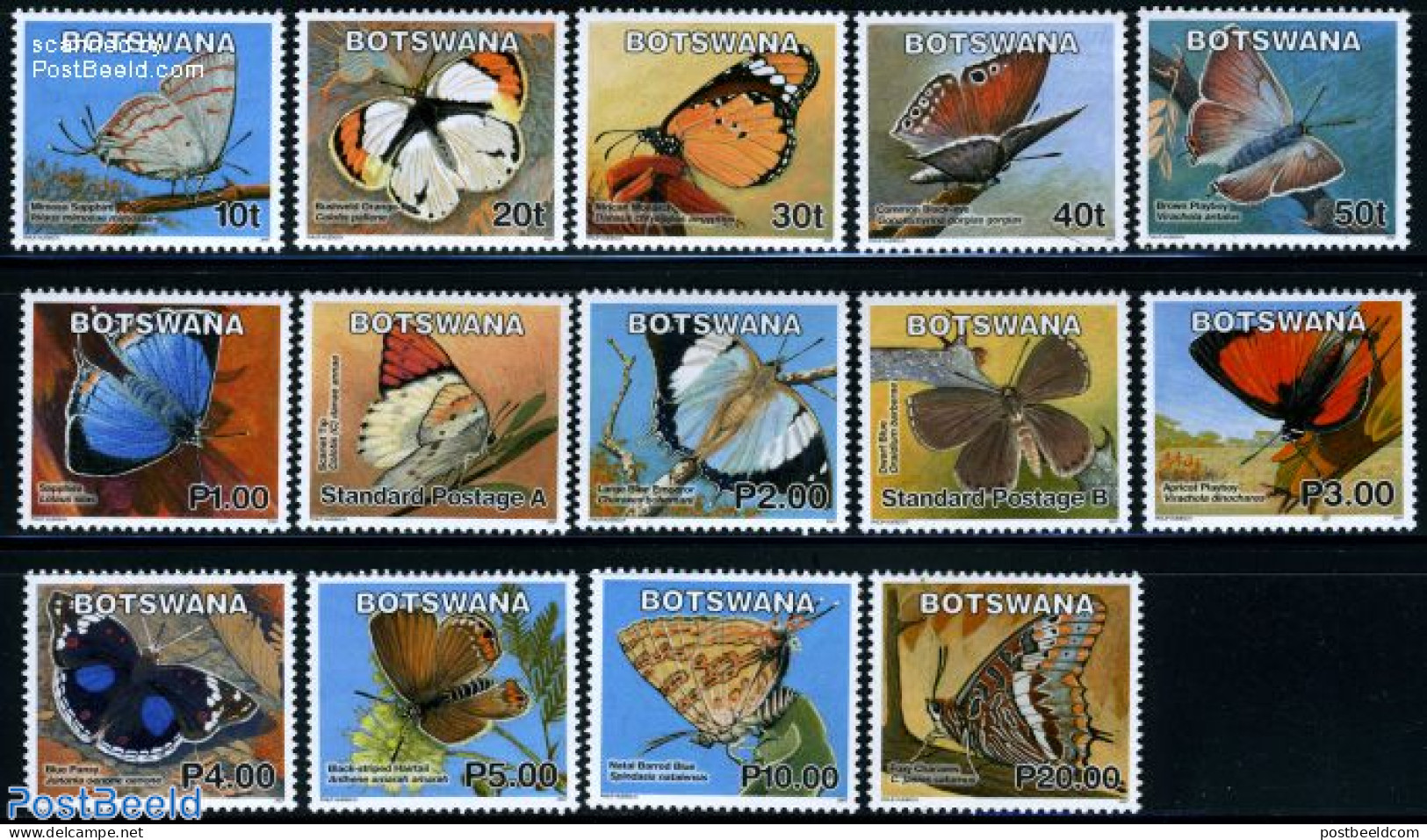 Botswana 2007 Definitives, Butterflies 14v, Mint NH, Nature - Butterflies - Botswana (1966-...)