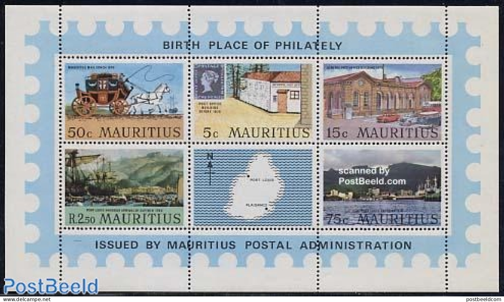 Mauritius 1970 Port Louis S/s, Mint NH, Nature - Transport - Various - Horses - Stamps On Stamps - Automobiles - Coach.. - Briefmarken Auf Briefmarken