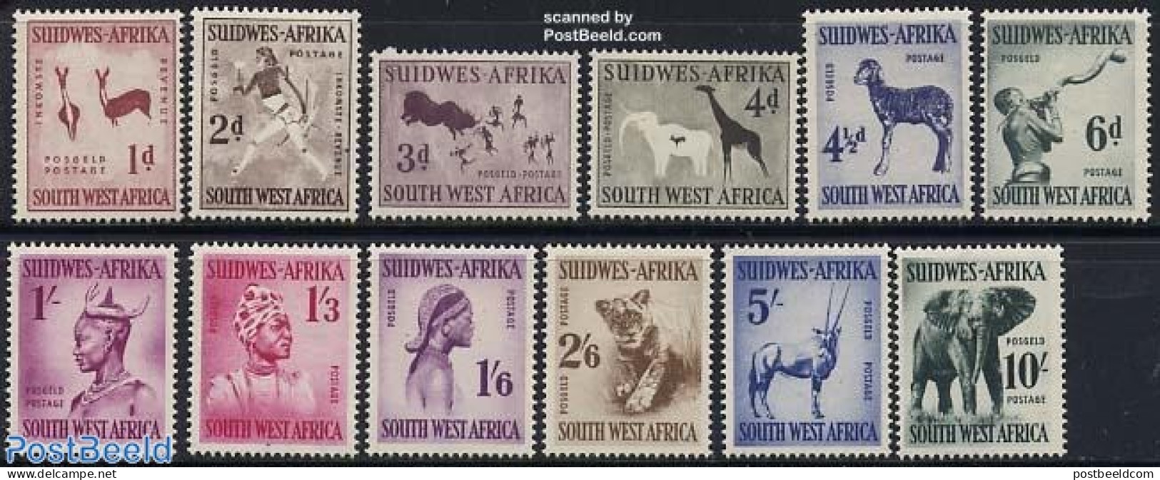South-West Africa 1954 Definitives 12v, Mint NH, History - Nature - Animals (others & Mixed) - Cat Family - Elephants .. - Prehistoria