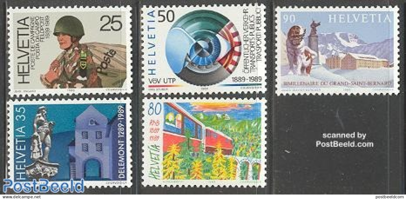 Switzerland 1989 Mixed Issue 5v, Mint NH, Nature - Transport - Dogs - Post - Railways - Nuovi