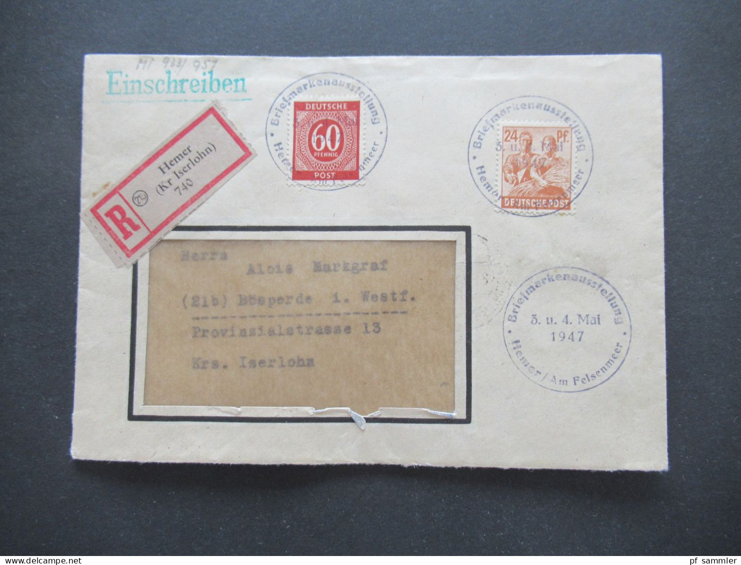 Kontrollrat 1947 MiF Einschreiben Hemer (Kr Iserlohn) Mit Sonderstempel K1 Briefmarkenausstellung Hemer Am Felsenmeer - Brieven En Documenten