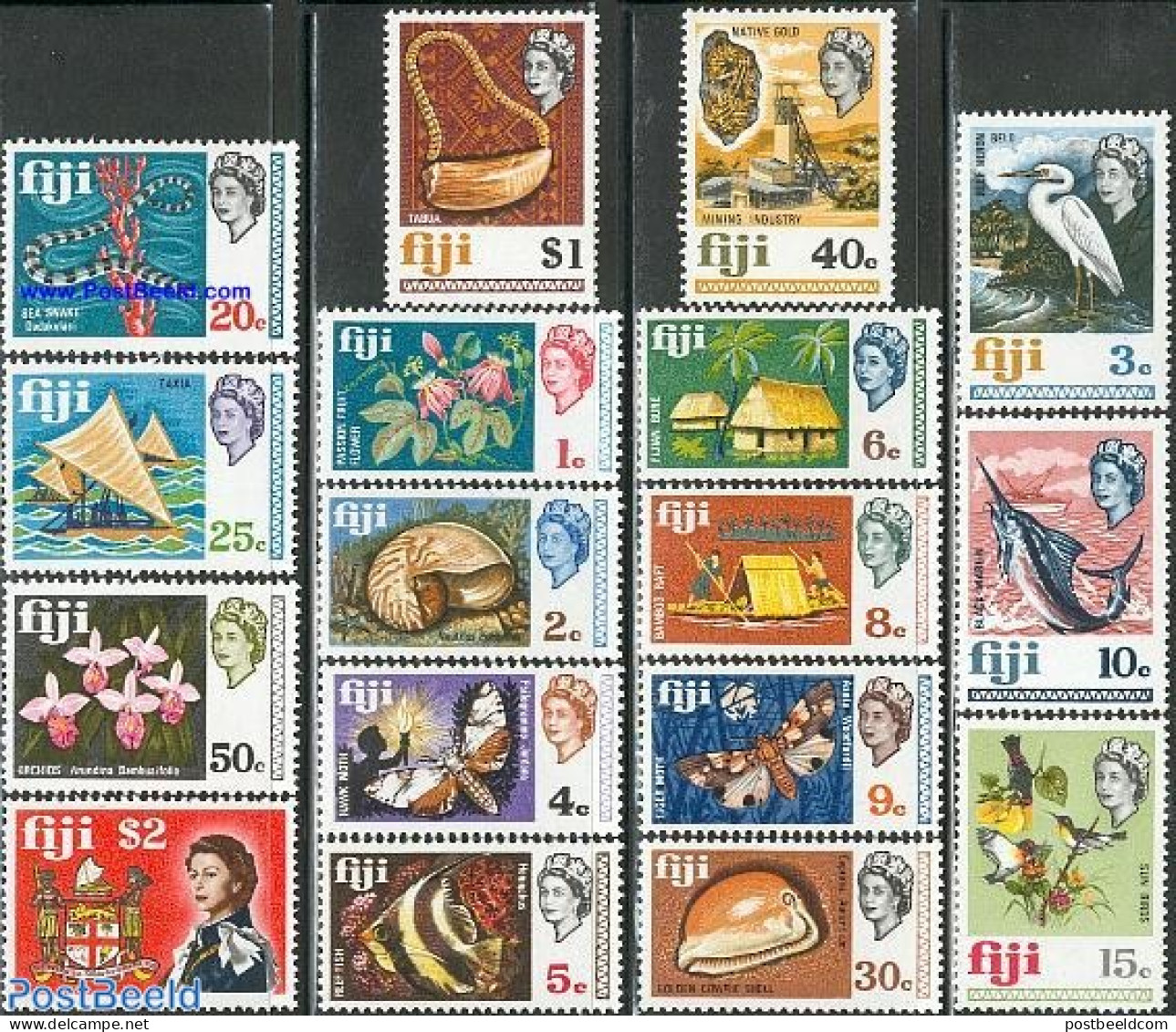 Fiji 1969 Definitives 17v, Mint NH, History - Nature - Transport - Coat Of Arms - Birds - Butterflies - Fish - Flowers.. - Peces
