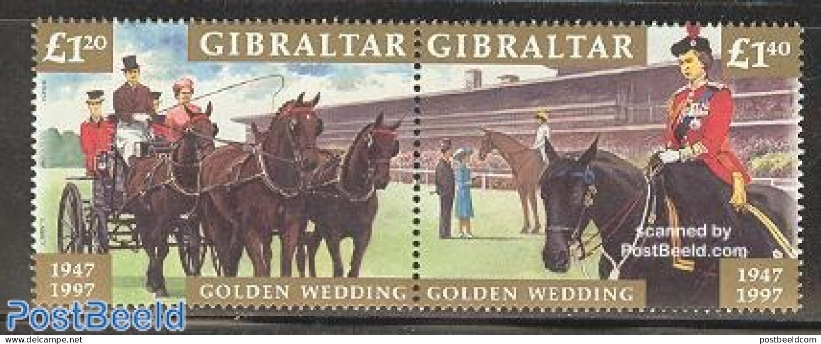 Gibraltar 1997 Golden Wedding 2v [:], Mint NH, History - Nature - Transport - Kings & Queens (Royalty) - Horses - Coac.. - Koniklijke Families