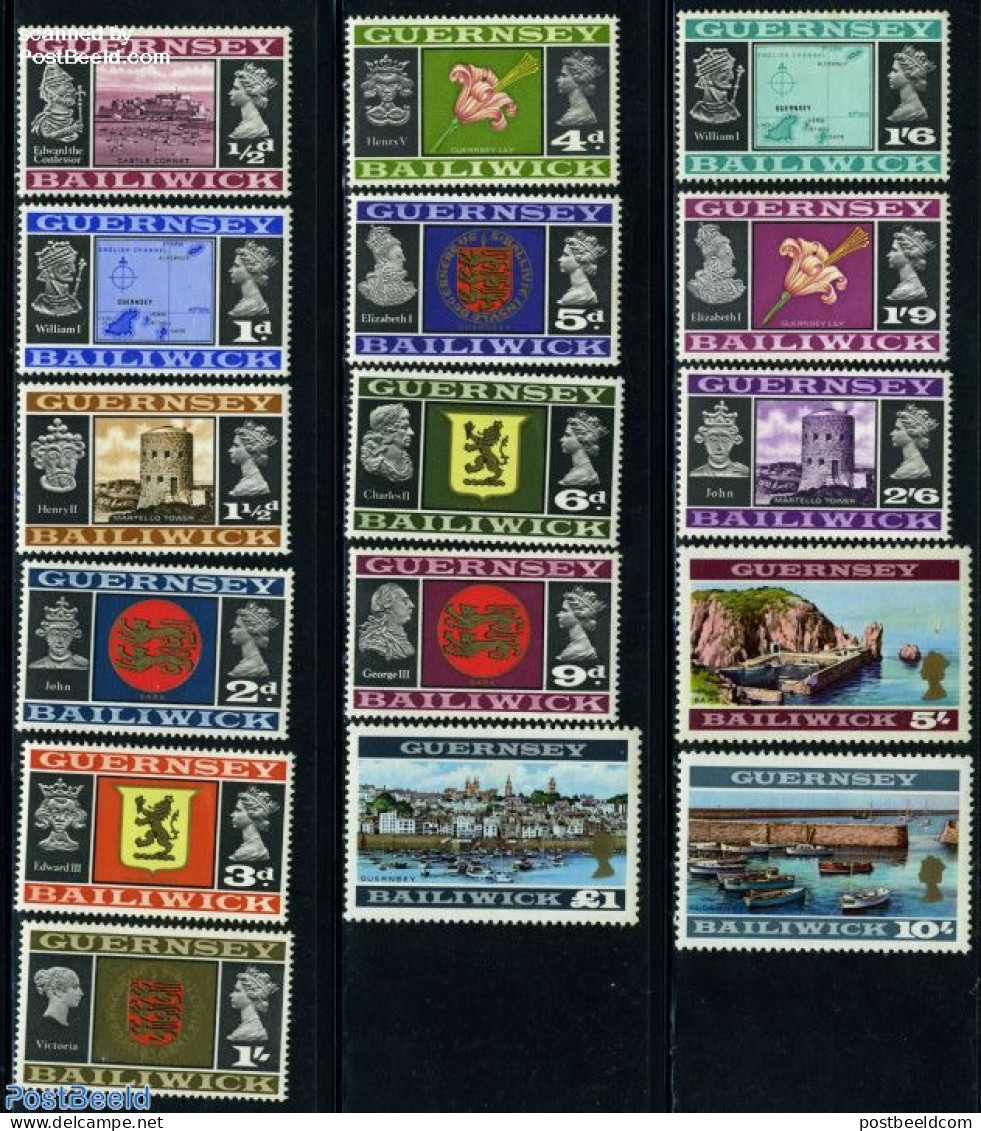 Guernsey 1969 Definitives 16v, Mint NH, History - Transport - Coat Of Arms - Kings & Queens (Royalty) - Ships And Boat.. - Royalties, Royals