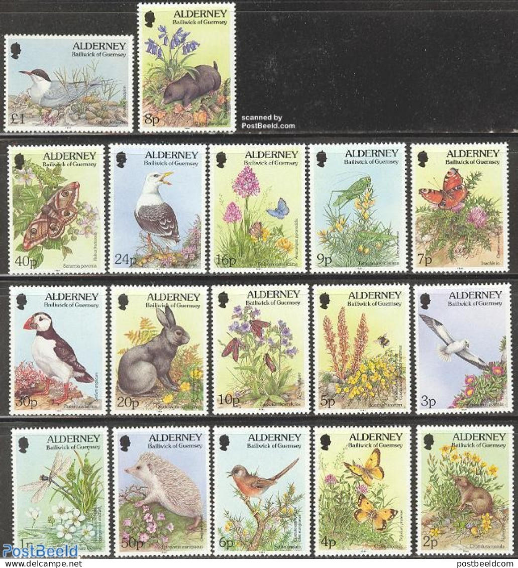 Alderney 1994 Definitives 17v, Mint NH, Nature - Animals (others & Mixed) - Birds - Butterflies - Flowers & Plants - H.. - Alderney