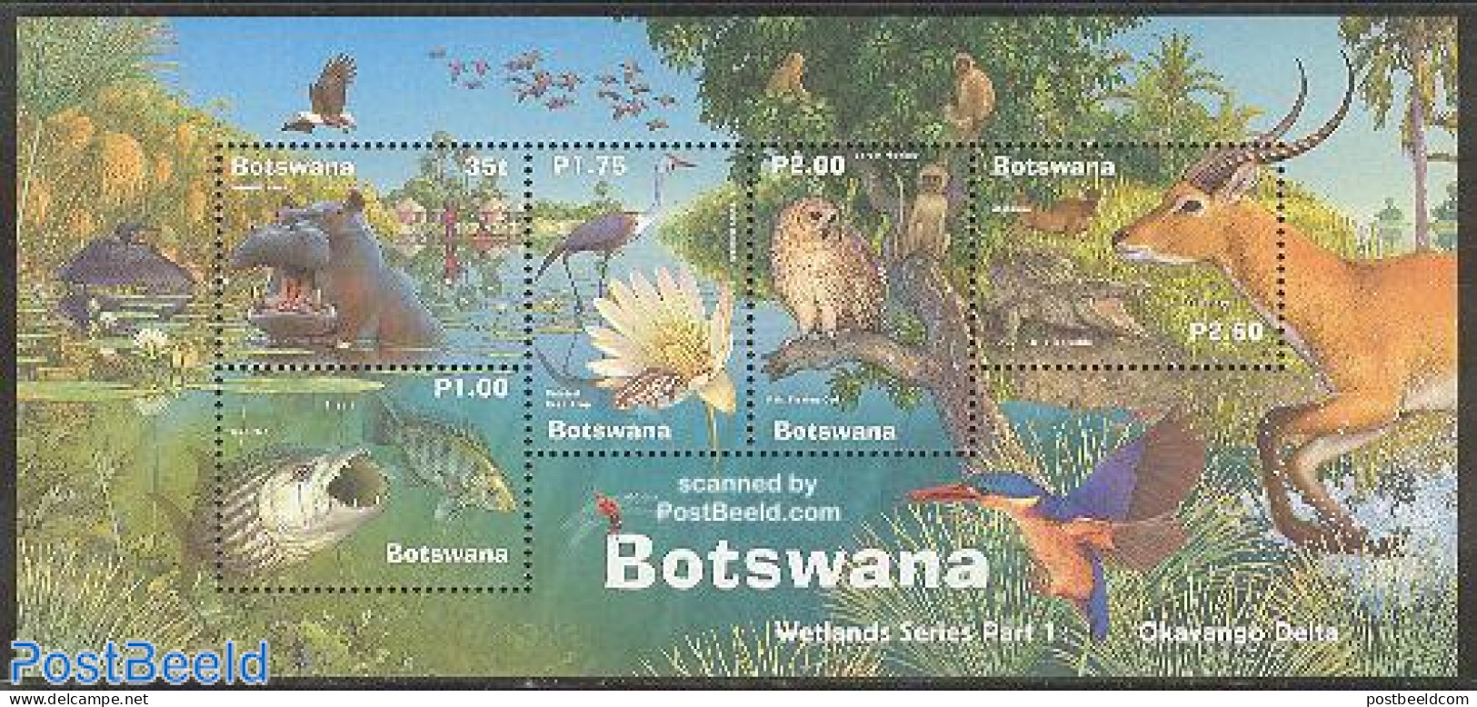 Botswana 2000 Wetlands S/s, Mint NH, Nature - Transport - Animals (others & Mixed) - Birds - Crocodiles - Fish - Flowe.. - Poissons