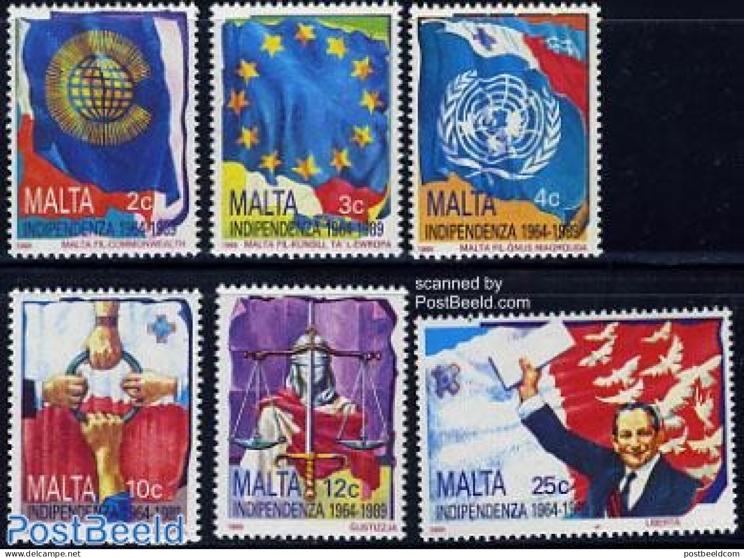 Malta 1989 Independence 25th Anniversary 6v, Mint NH, History - Nature - Science - Europa Hang-on Issues - United Nati.. - Europese Gedachte