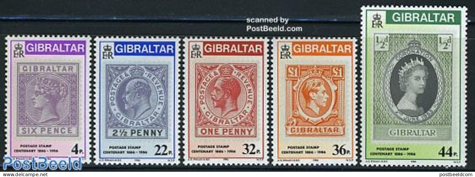Gibraltar 1986 Stamp Centenary 5v, Mint NH, 100 Years Stamps - Stamps On Stamps - Stamps On Stamps