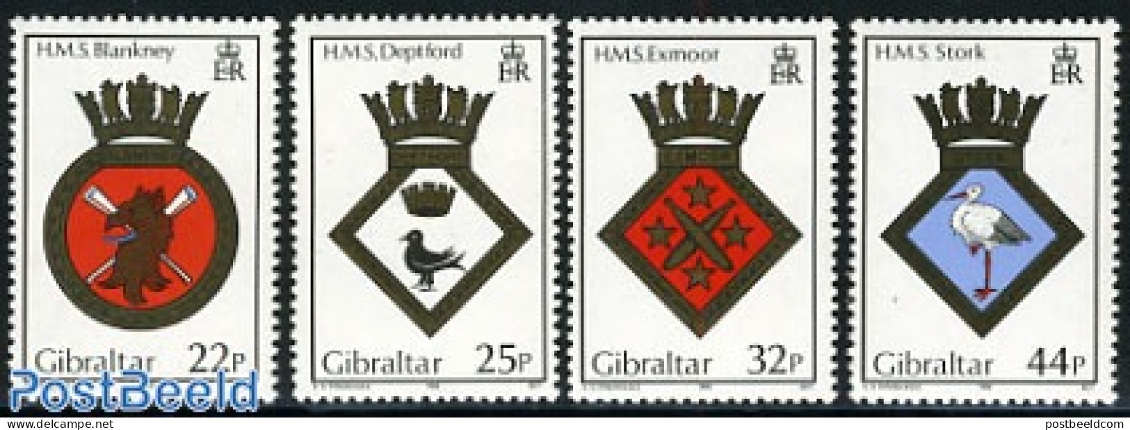 Gibraltar 1989 Naval Arms 4v, Mint NH, History - Nature - Transport - Coat Of Arms - Birds - Ships And Boats - Ships