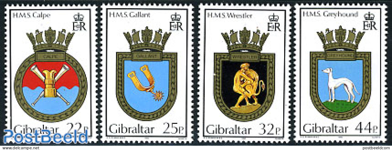 Gibraltar 1990 Naval Arms 4v, Mint NH, History - Nature - Transport - Coat Of Arms - Dogs - Ships And Boats - Barche