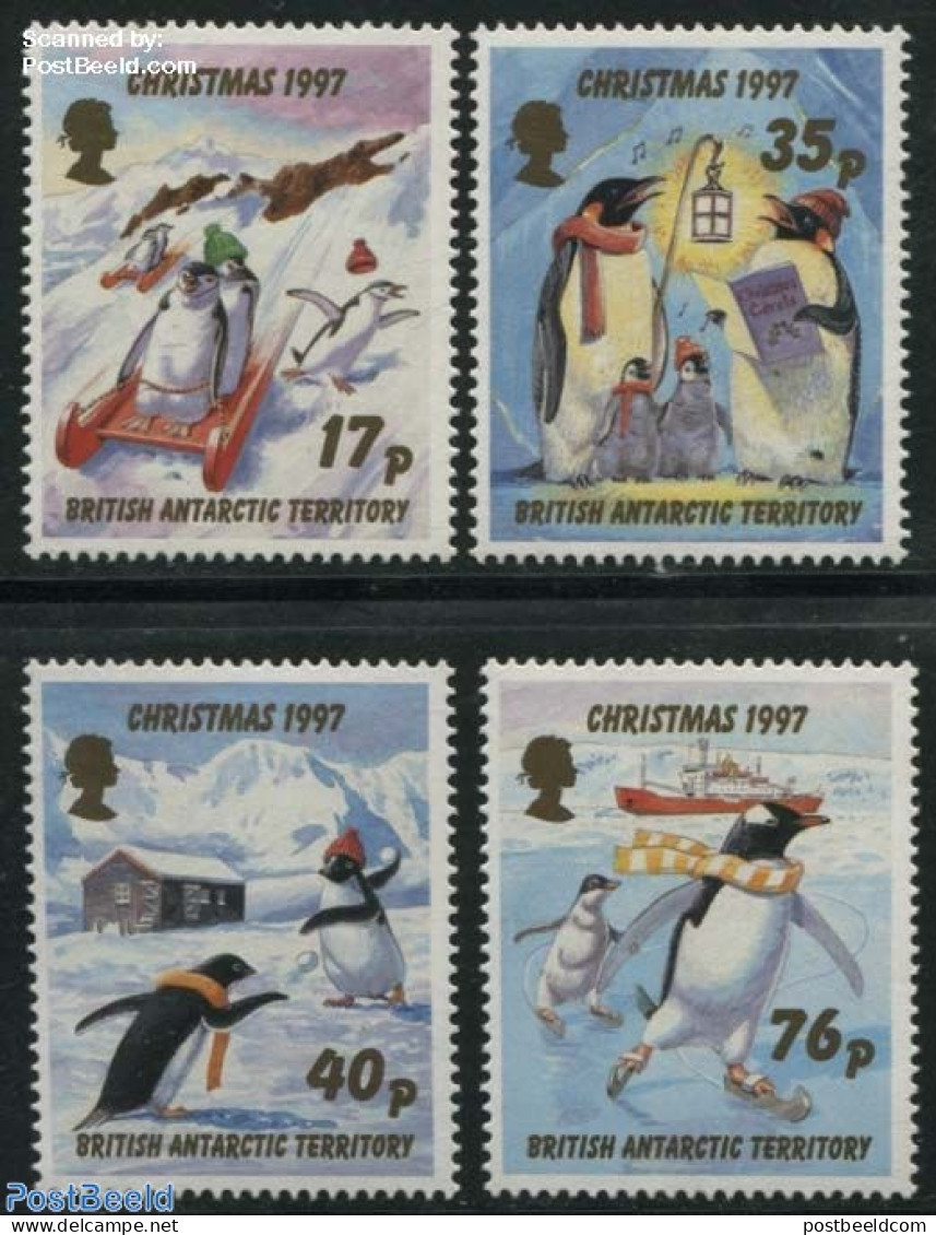 British Antarctica 1997 Christmas 4v, Mint NH, Nature - Religion - Transport - Birds - Penguins - Christmas - Ships An.. - Navidad