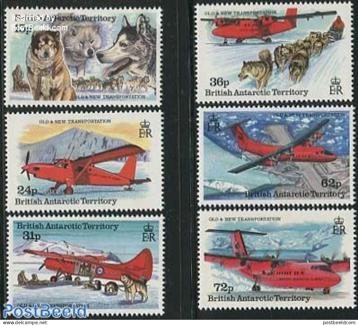 British Antarctica 1994 Transports 6v, Mint NH, Nature - Science - Transport - Dogs - The Arctic & Antarctica - Aircra.. - Aerei