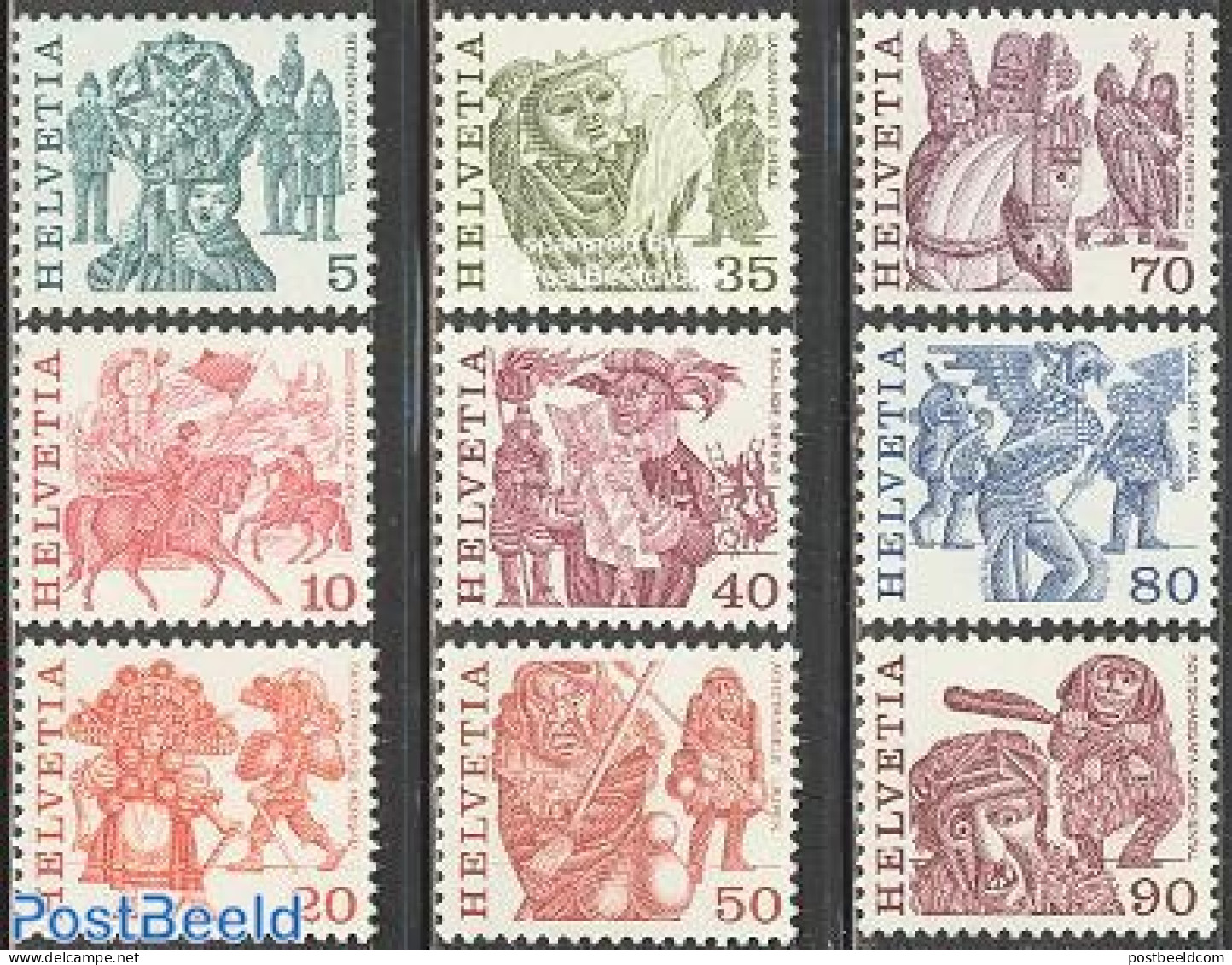 Switzerland 1977 Folklore 9v, Mint NH, Nature - Various - Horses - Folklore - Unused Stamps