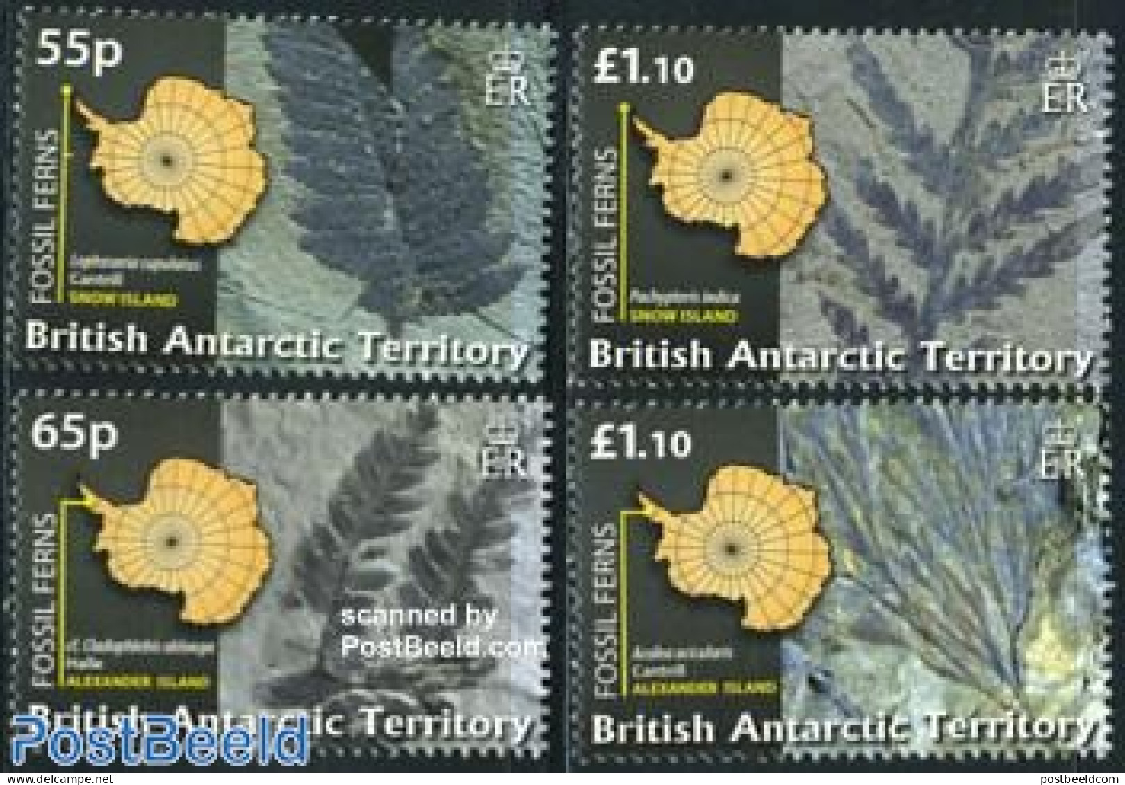 British Antarctica 2008 Fossils 4v, Mint NH, History - Nature - Various - Geology - Flowers & Plants - Maps - Aardrijkskunde