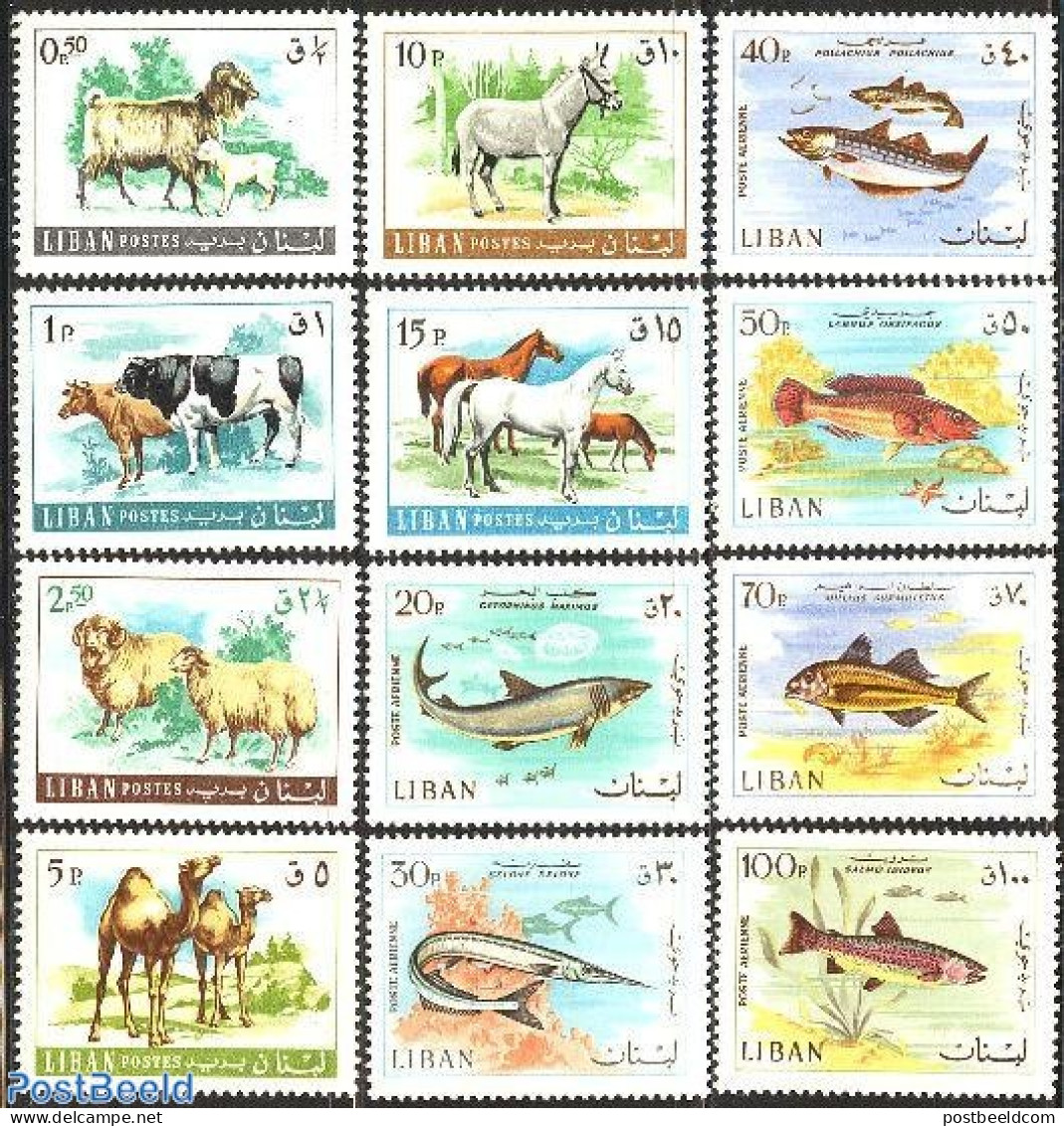 Lebanon 1968 Animals 12v, Mint NH, Nature - Animals (others & Mixed) - Camels - Cattle - Fish - Horses - Poissons